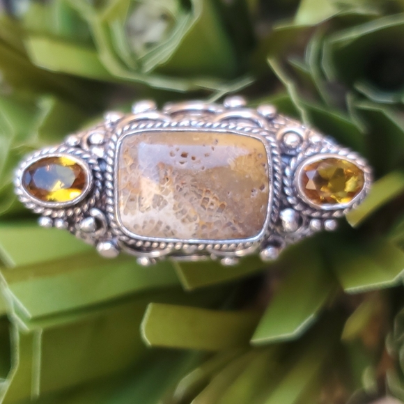 New Oversized Fossil Coral & Citrine 925 Silver Statement Ring. - Picture 12 of 13